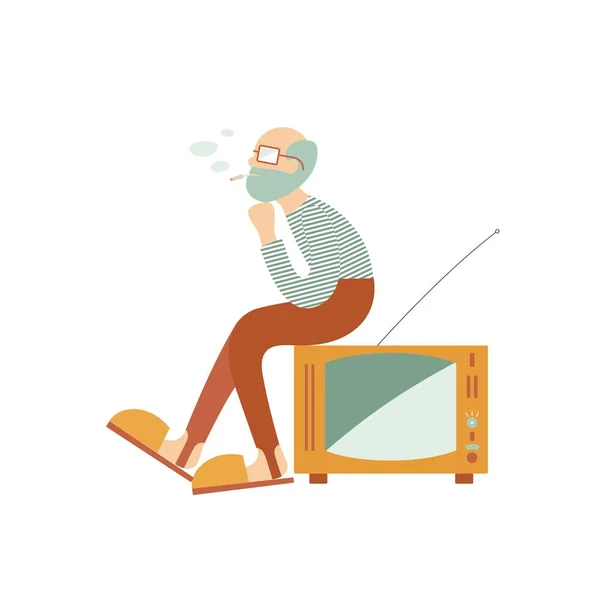 El viejo se sienta en la vieja televisión retro, fuma y sueña. Ilustración vectorial plana — Archivo Imágenes Vectoriales