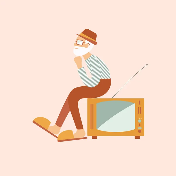 Velho em um chapéu assenta na velha TV retro e sonha. Ilustração vetorial plana — Vetor de Stock