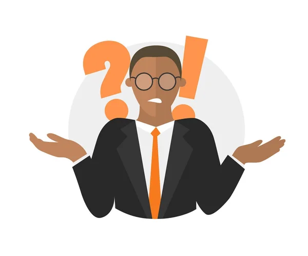 Icono de diseño plano. El hombre de negocios duda. Un hombre con un signo de interrogación. Ilustración vectorial aislada simplemente editable — Vector de stock