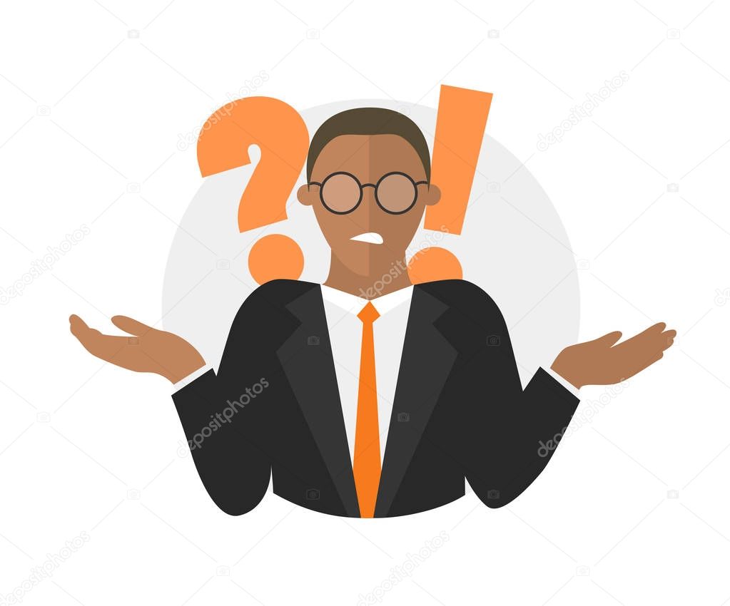 Flat design icon. Businessman doubts. Man with a question mark. Simply editable isolated vector illustration