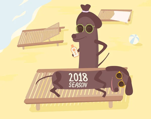 海滩上的狗有夏天的乐趣。2018赛季 letterning。矢量插图 — 图库矢量图片