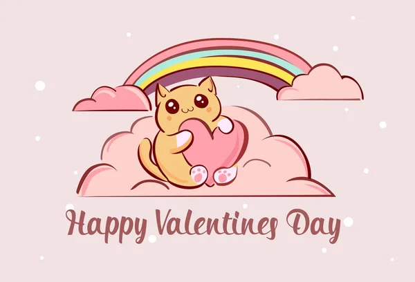 Lindo gato de dibujos animados kawaii con el corazón en la ilustración de vectores nubes de color rosa. Feliz día de San Valentín felicitación — Vector de stock