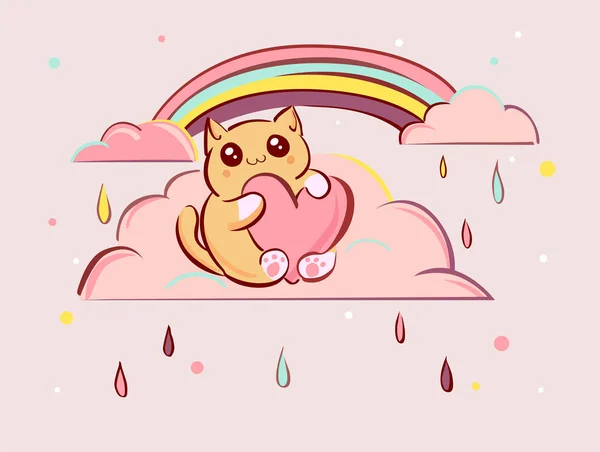Χαριτωμένο kawaii κινούμενα σχέδια γάτα με καρδιά σε ροζ σύννεφα διανυσματικά εικονογράφηση — Διανυσματικό Αρχείο