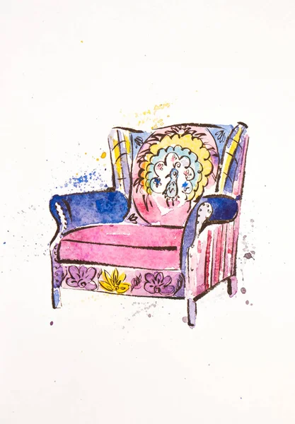 Ilustrasi warna air dari kursi berlengan dalam gaya boho — Stok Foto