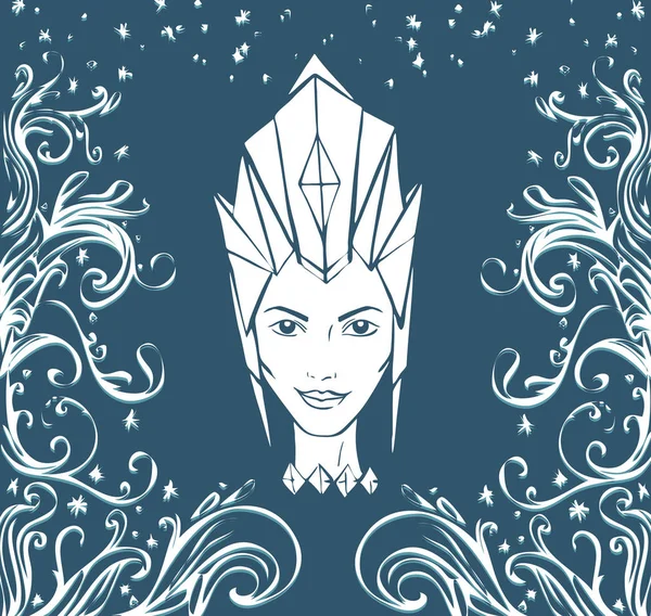 Regina del ghiaccio e modelli di gelo. Volto di una donna in un vettore corona illustrazione — Vettoriale Stock