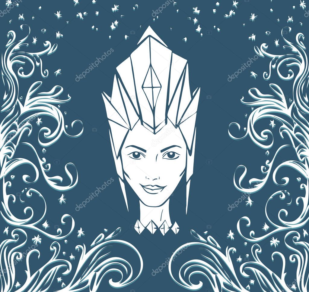 Ice Queen and frost patterns. Face of a woman in a crown vector illustration