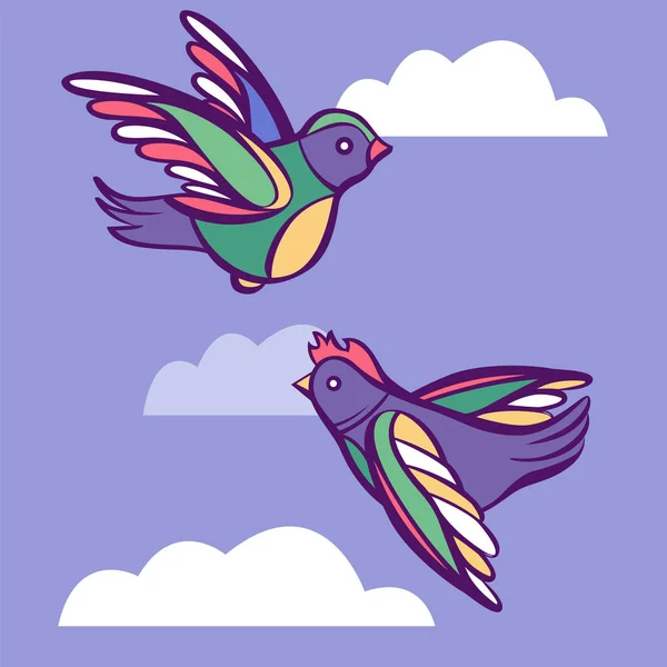 Couple vecteur d'oiseaux de dessin animé mignons dans le ciel avec des nuages — Image vectorielle