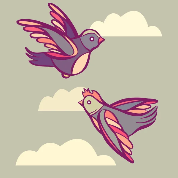 Vektor paar niedliche Cartoon-Vögel am Himmel mit Wolken, Pastellfarben — Stockvektor