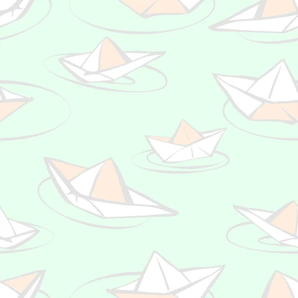 Motif vectoriel sans couture avec des bateaux en papier de style dessin animé, couleurs pastel clair — Image vectorielle