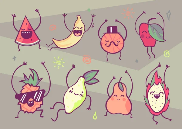 Κωμικό φρούτα σε στυλ καρτούν, διανυσματικά εικονογραφήσεις σε παστέλ χρώματα — Διανυσματικό Αρχείο