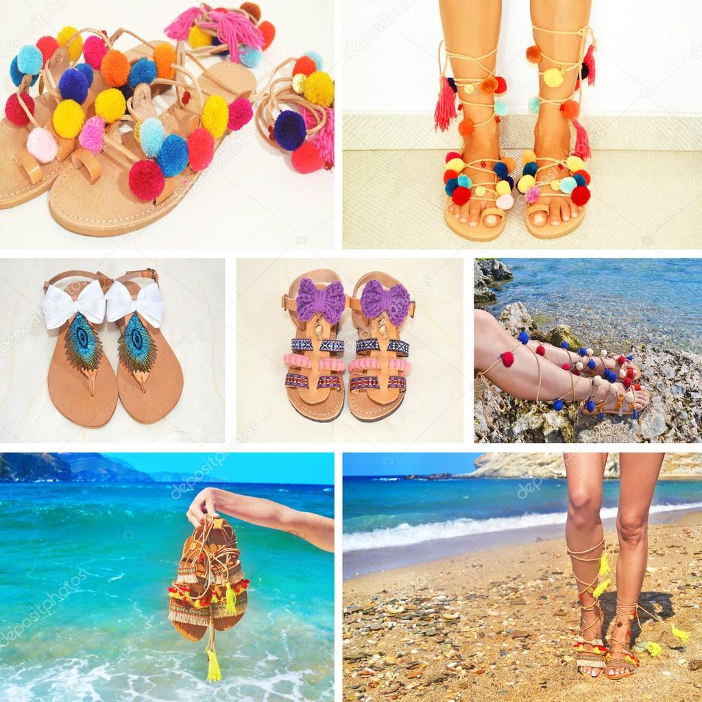 photo collage of bohemian greek sandals 