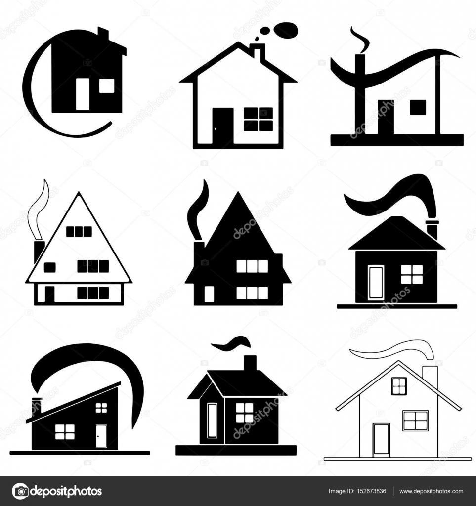 conjunto de nueve casas vector - con humo de chimenea — Vector de stock