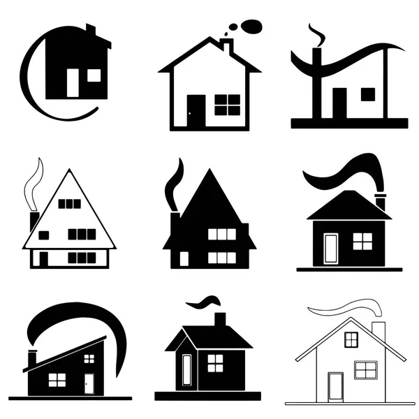 Neuf maisons ensemble vecteur - avec fumée de cheminée — Image vectorielle