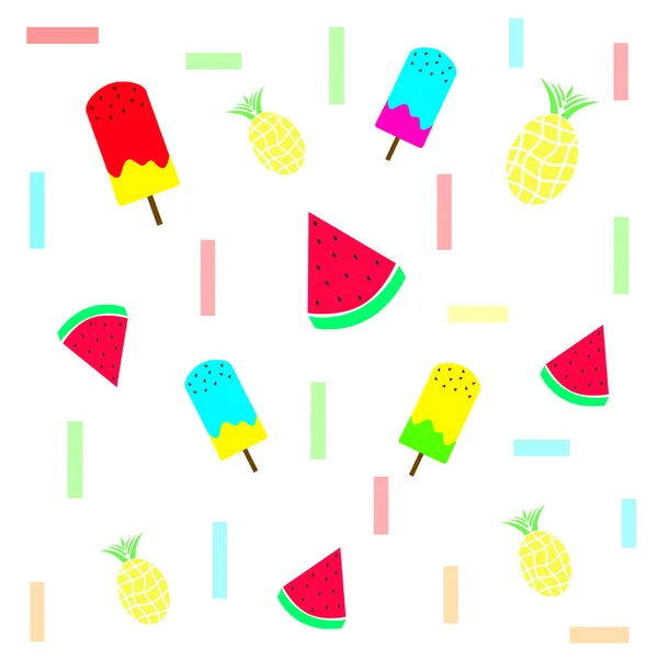 Textura de verano con helado de piña y frutas de sandía — Vector de stock
