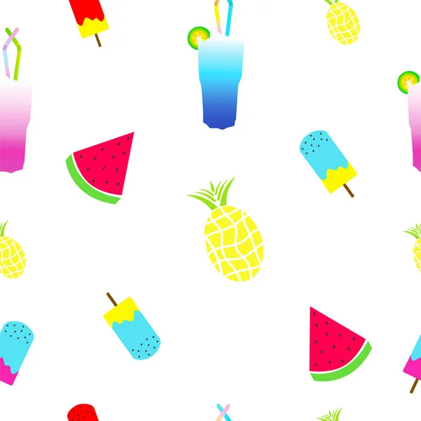 Бесшовная летняя текстура с мороженым, арбузом, ананасом и коктейлем — стоковый вектор