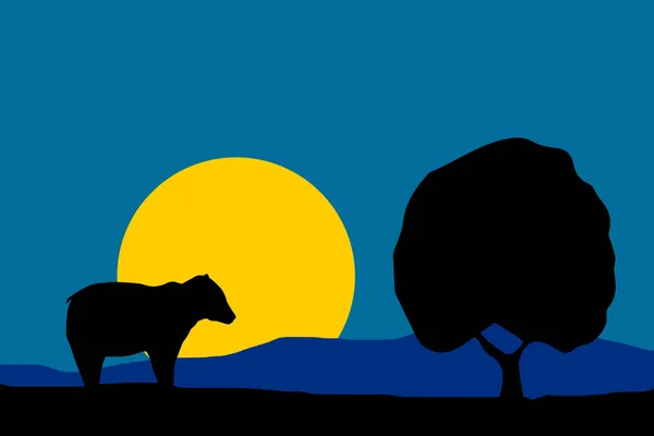 Natur Illustration - Nacht Mond Bär Silhouette und Baum — Stockvektor