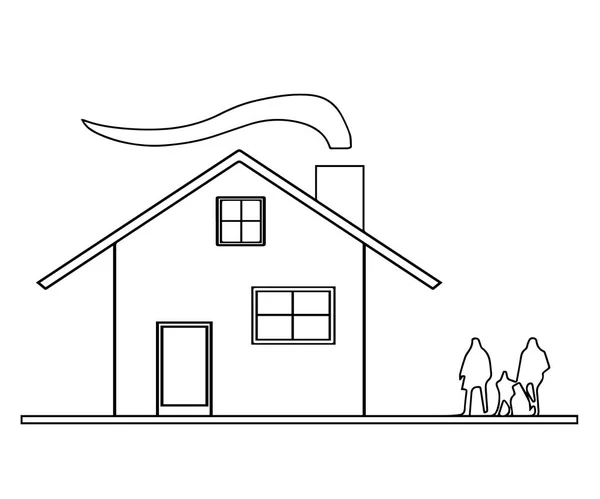 Σπίτι σκίτσο διάνυσμα με τον καπνό από την καμινάδα και την οικογένεια — Διανυσματικό Αρχείο