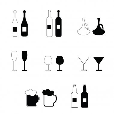 alkol şişe ve bardak seti - şarap, bira, şampanya ve diğer içecekler vektör