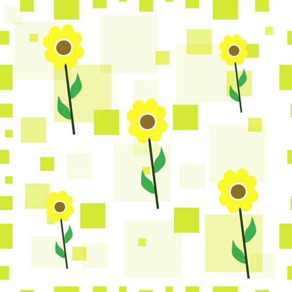Nahtlos kachelbare Textur mit gelben Sonnenblumen und grünen Quadraten — Stockvektor