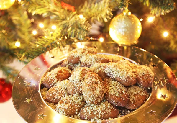 Grecesc Melomakarona Prăjituri Tradiționale Crăciun Miere Nuci — Fotografie, imagine de stoc