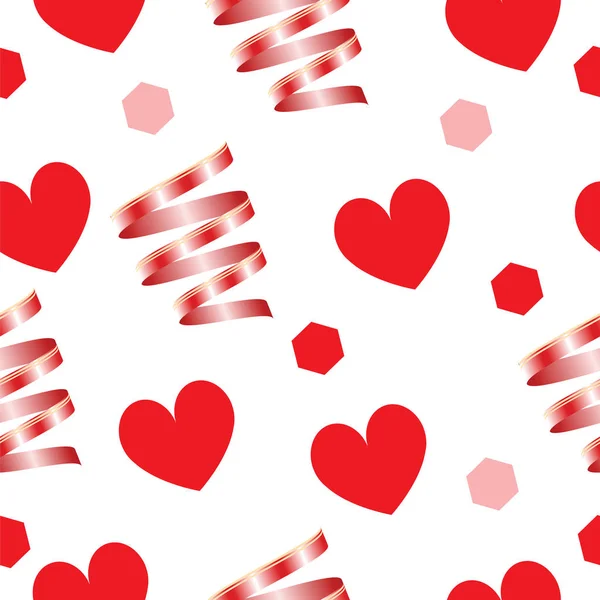 Tarjeta de día de San Valentín - vector de patrón sin costuras - corazones rojos y cintas — Vector de stock