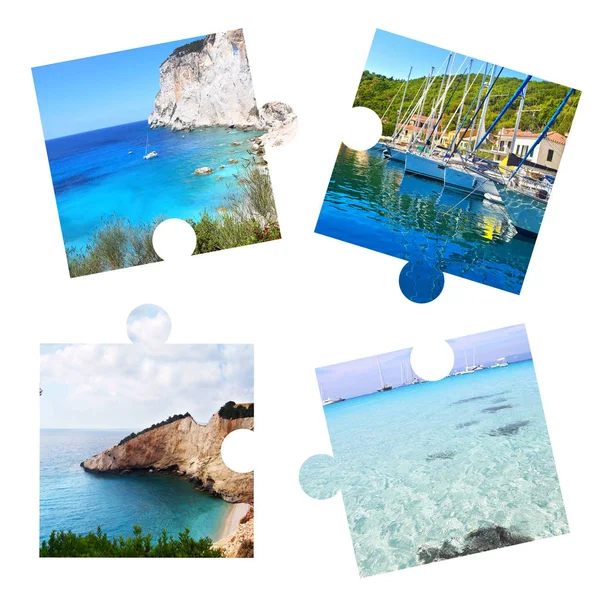 photo collage with Ionian islands in puzzle pieces - Paxos, Ithaca, Lefkada, Antipaxos islands