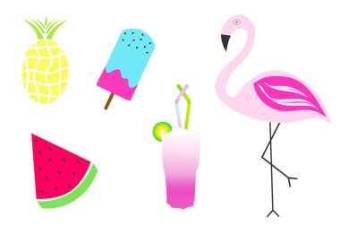 Yaz çizim seti - flamingo, kokteyl, karpuz, dondurma, ananas