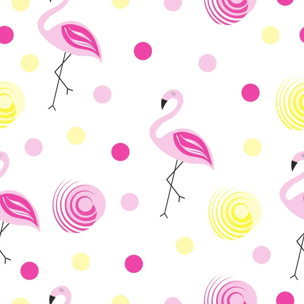 Seamless pattern vector with flamingos and polka dots — Stock Vector