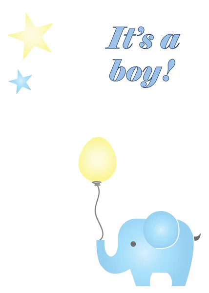 Its a boy vector card with blue elephant holding a balloon — Stock Vector