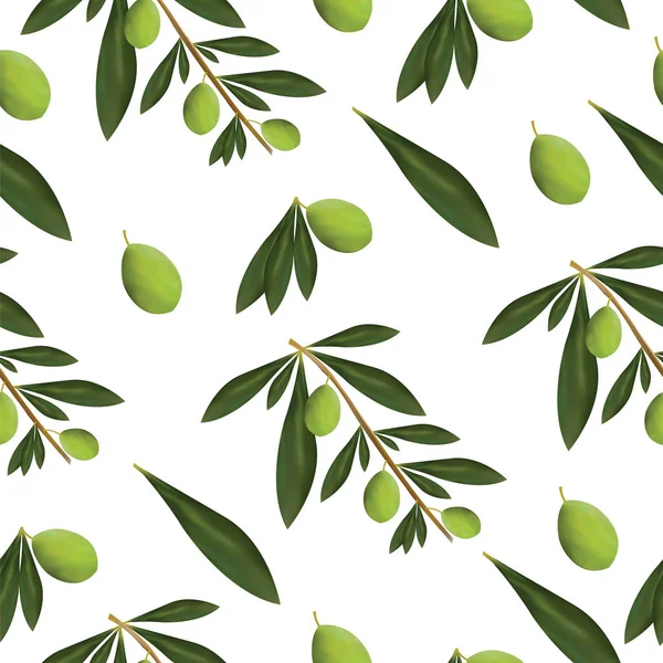Modello senza cuciture con foglie di ulivo verde e olive — Vettoriale Stock