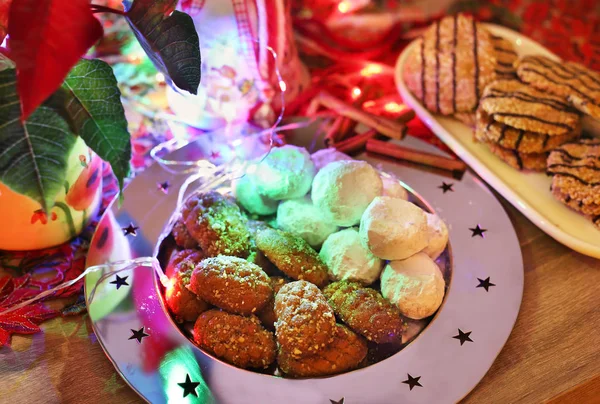 Melomakarona Grec Traditionnel Kourabies Biscuits Maison Nuit Scène Noël Bonbons — Photo