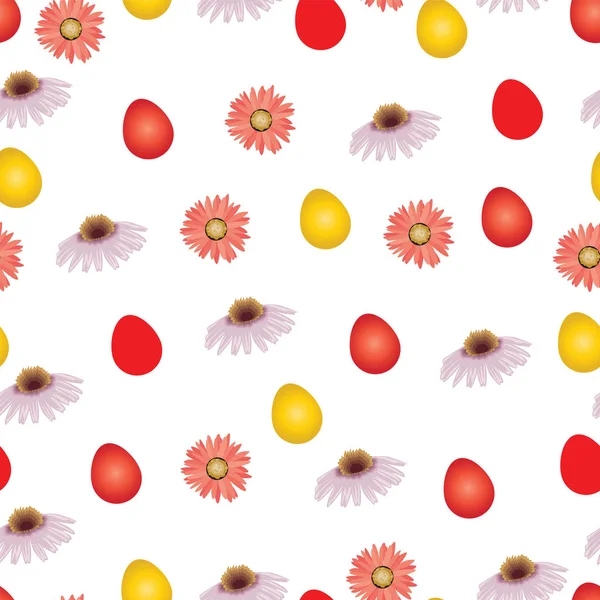 Modello senza soluzione di continuità con uova di Pasqua e vettore fiori primaverili — Vettoriale Stock