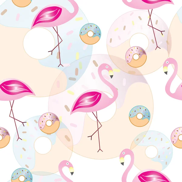 Nahtloses Muster mit Flamingos und Donuts-Vektor — Stockvektor