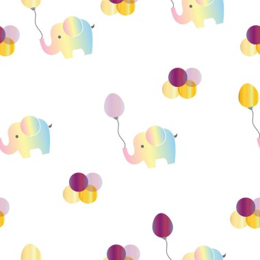 Gökkuşağı filleri ve mor balon vektörlü kusursuz desen