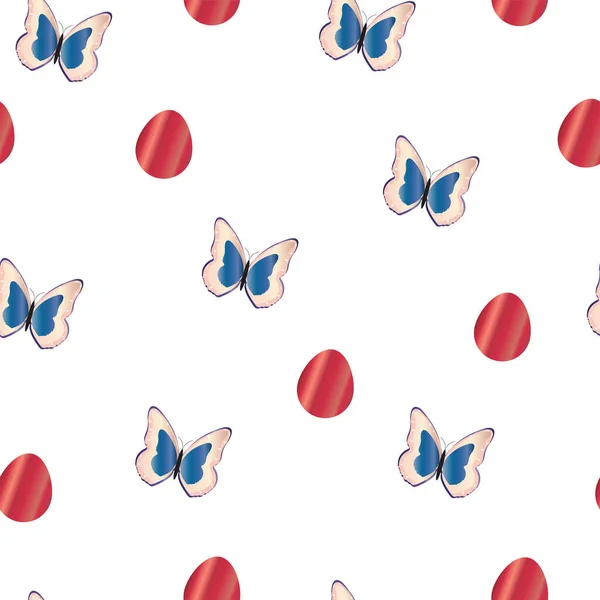 Seamless Pattern Blue Butterflies Red Easter Eggs — Stock Vector