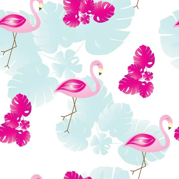 Seamless Pattern Flamingos Tropical Leaves Pink Blue Theme — Stock Vector