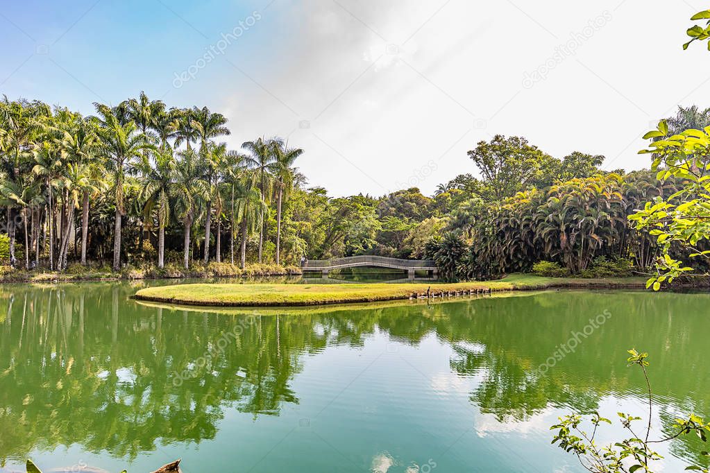 Brumadinho, Minas Gerais, Brazil. View of Inhotim Gardens and lake