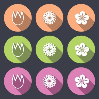 Çiçek Icon set. Lale, papatya, papatya, orkide. Çiçek sembolü. Beyaz siluet uzun gölge ile yuvarlak düz düğmesinde. Yeşil, turuncu, gül işaretleri, koyu gri arka plan. İzole vektör.
