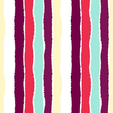 Sorunsuz şerit deseni. Dikey çizgiler yırtık kağıt etkisi ile. Kenar arka plan bile olmamalı. Yaz sıcak, turuncu, mavi, vinous tropikal renkler. Vektör