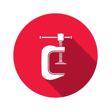 Aracı simgesi. Kelepçe mengene Yardımcısı, doğramacılar kramp, G-basın enstrüman. Endüstriyel, sabitleme, destek sembolü. Beyaz yuvarlak kırmızı düz düğme üzerinde oturum açın. Vektör