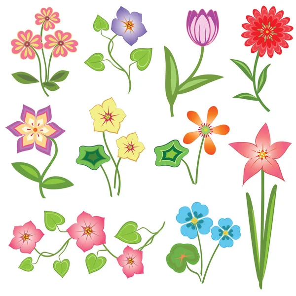 Conjunto de iconos de flor primavera. Tulipán, manzanilla, margarita, anémona, petunia, orquídea. Floral, naturaleza, símbolos botánicos. Signos de color con hojas sobre fondo blanco. Vector aislado — Archivo Imágenes Vectoriales