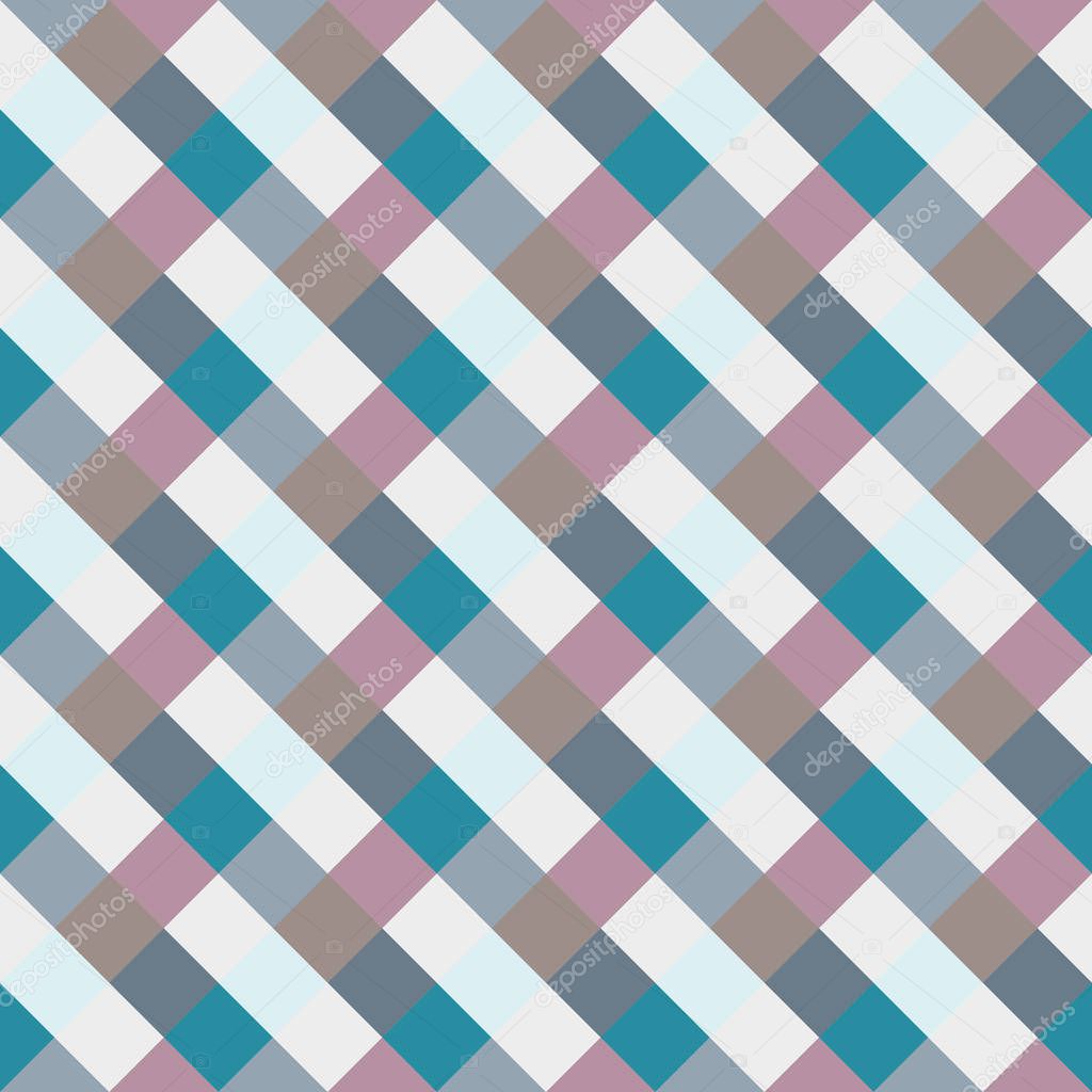 Seamless geometric checked pattern. Diagonal square, braiding, woven line background. Patchwork, rhombus, staggered texture. Blue, gray, lilac colors. Winter theme. Vector