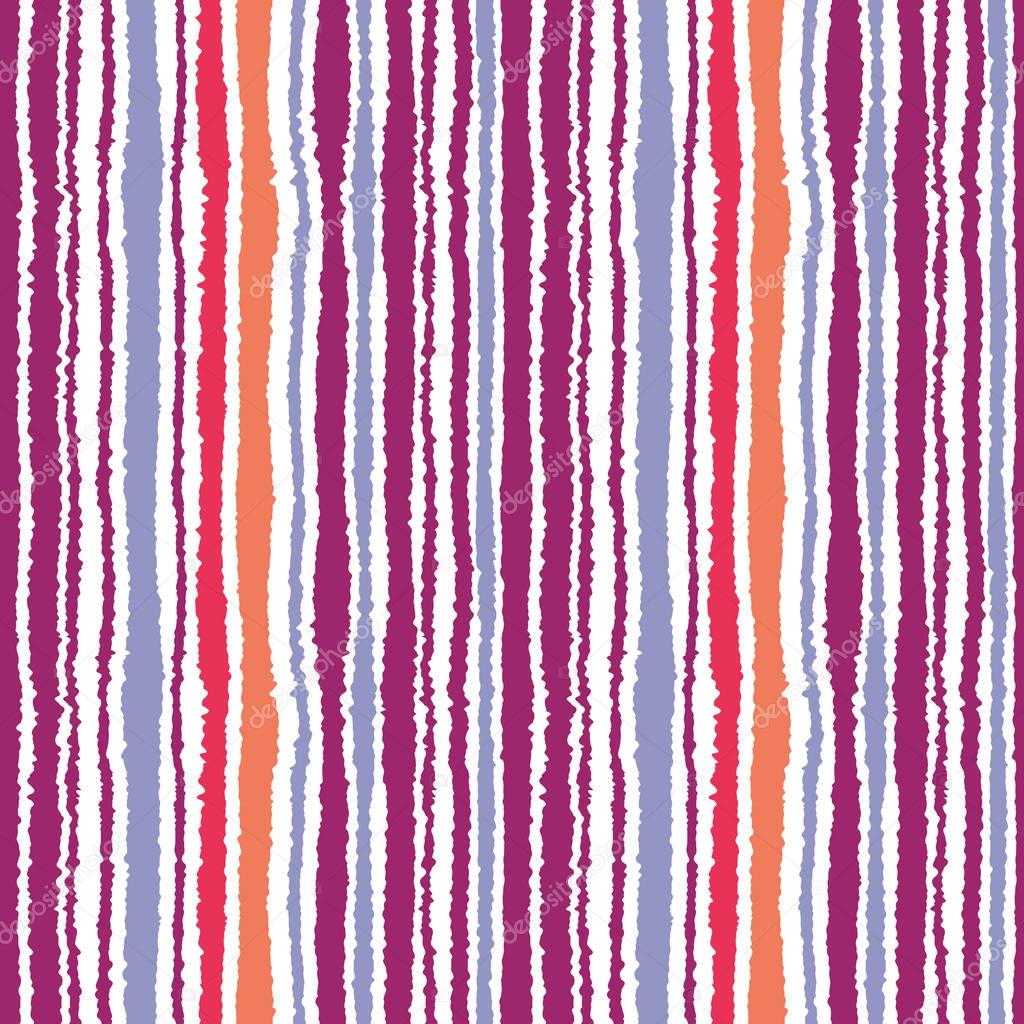 Seamless striped pattern. Vertical narrow lines. Torn paper, shred edge texture. Lilac, orange, pink on white colored background. Vector