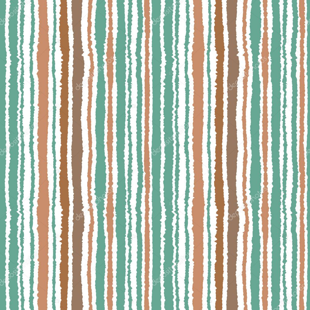 Seamless strip pattern. Vertical lines. Torn paper effect texture. Shred edge background. Turquoise, green, brown soft colors on white. Winter theme. Vector