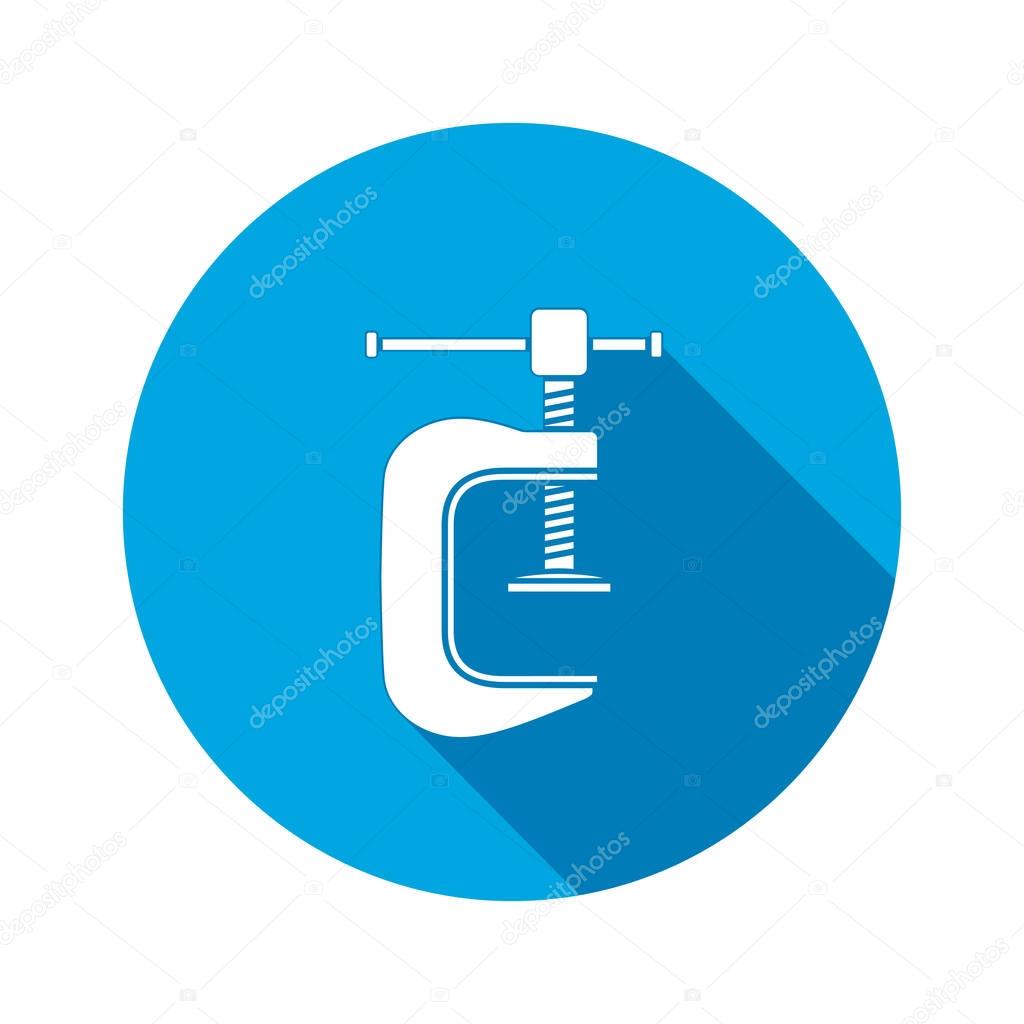Tool icon. Clamp vise vice, joiners cramp, G-press instrument. Industrial, fixing, support symbol. White sign on round blue flat button. Vector