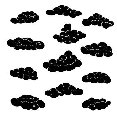 Bulut Icon set. Stilize siyah fairytale kroki görünümü işaretler. Hava sembolü. siluetleri beyaz arka plan üzerinde. Vektör