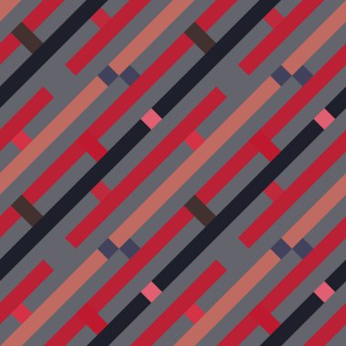 Kesintisiz geometrik çizgili desen. Doku Çapraz Şeritler, çizgiler ve dikdörtgenler. Arka plan gri, kahverengi, kırmızı mor pastel renkli. Labirent Tema. Vektör