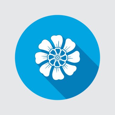 Çiçek simgesi. Papatya, aster, daisy, krizantem. Bahar, yaz, çiçek şifalı otlar sembolü. Yuvarlak daire düz işareti uzun gölge ile. Vektör