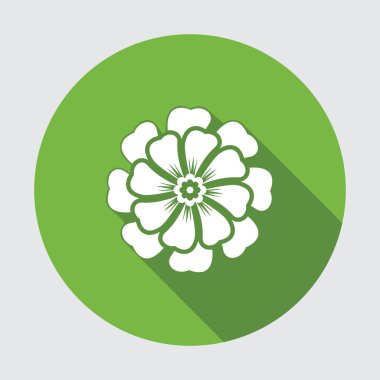 Çiçek simgesi. Papatya, aster, daisy, krizantem. Bahar, yaz, çiçek şifalı otlar sembolü. Yuvarlak daire düz işareti uzun gölge ile. Vektör