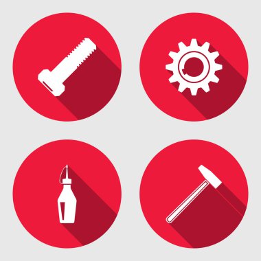 Aracı simge seti. Dişli, çekiç, İngiliz anahtarı anahtar cıvata somun. Onarım düzeltme sembolü. Yuvarlak kırmızı daire düz işareti uzun gölge ile. Vektör